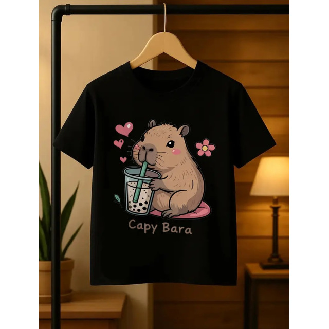 Стильна чорна дитяча футболка з Капібара, дитяча футболка з Capybara, розмір 120