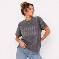 Жіноча футболка Miu Miu з стразами, сіра 