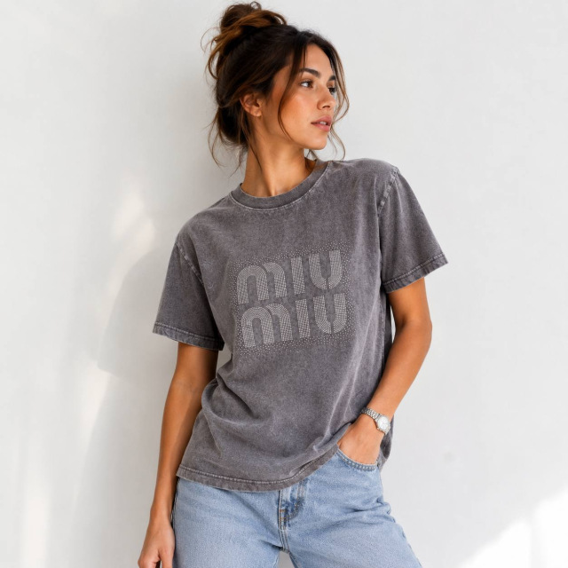 Жіноча футболка Miu Miu з стразами, сіра 